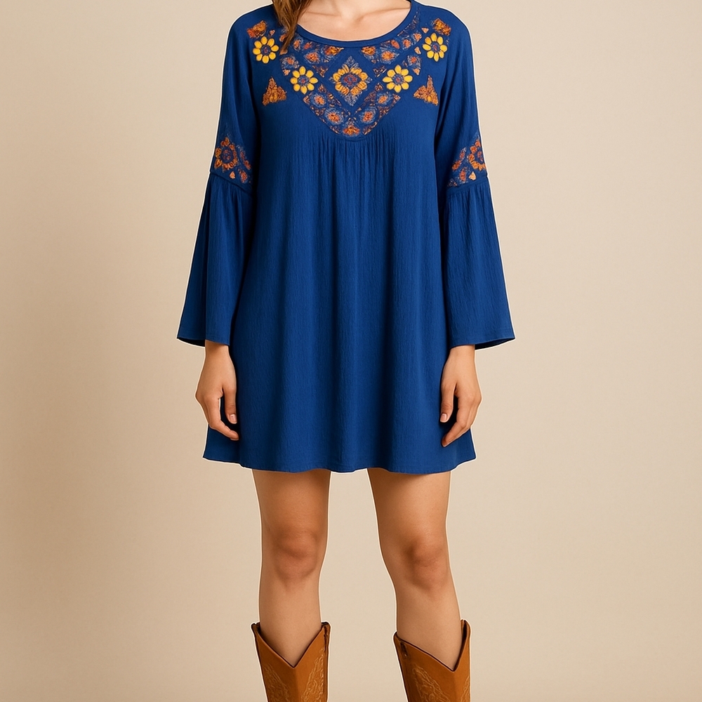 Blue Rain Navy Mini Dress with Yellow and Orange Embroidery